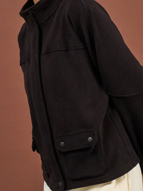 Black Polar Fleece Flap Pocket Jacket -SASSAFRAS