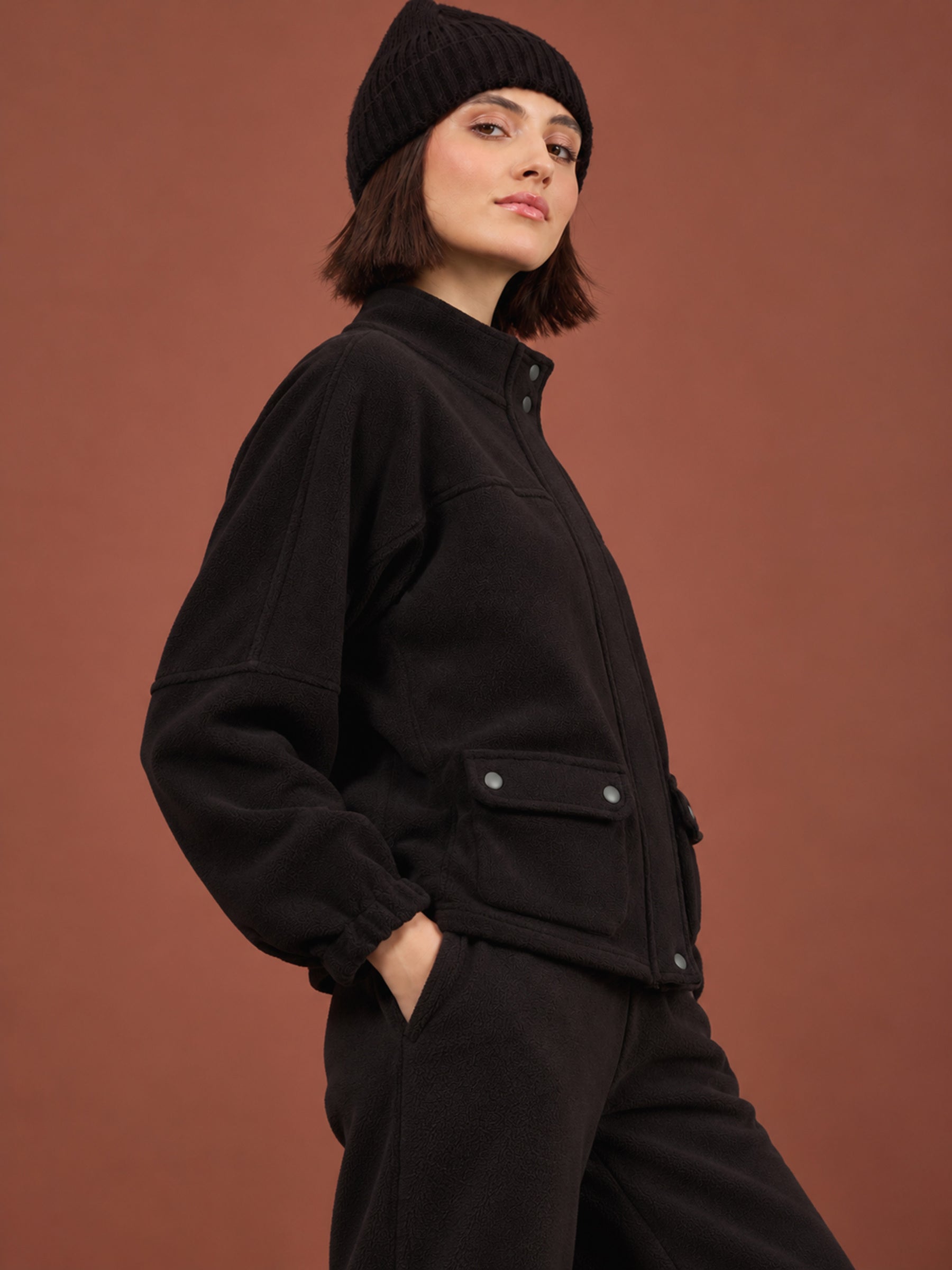 Black Polar Fleece Flap Pocket Jacket With Track Pants-SASSAFRAS