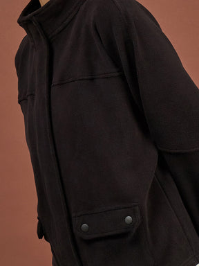 Black Polar Fleece Flap Pocket Jacket With Track Pants-SASSAFRAS