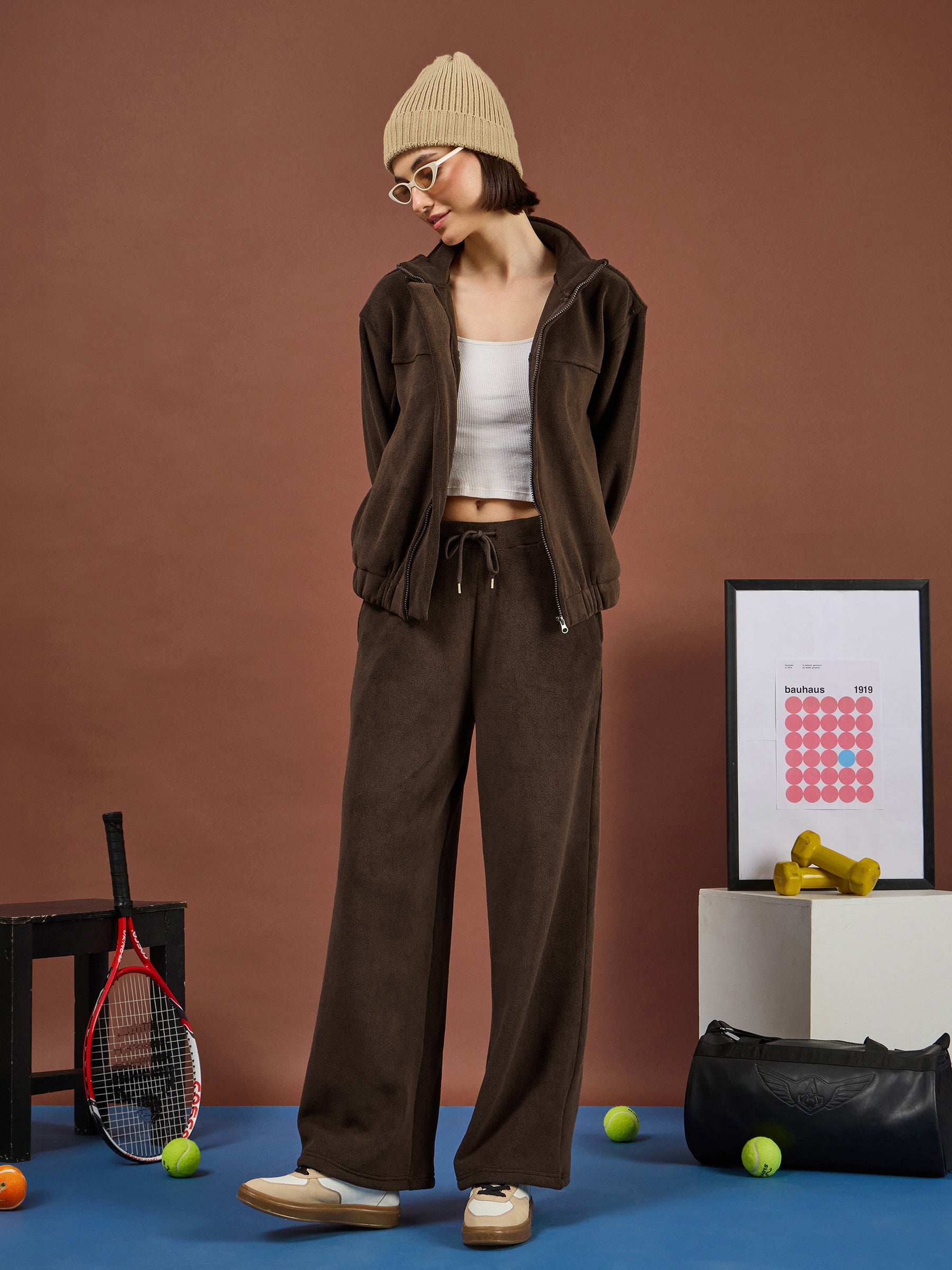 Brown Polar Fleece High Neck Jacket-SASSAFRAS