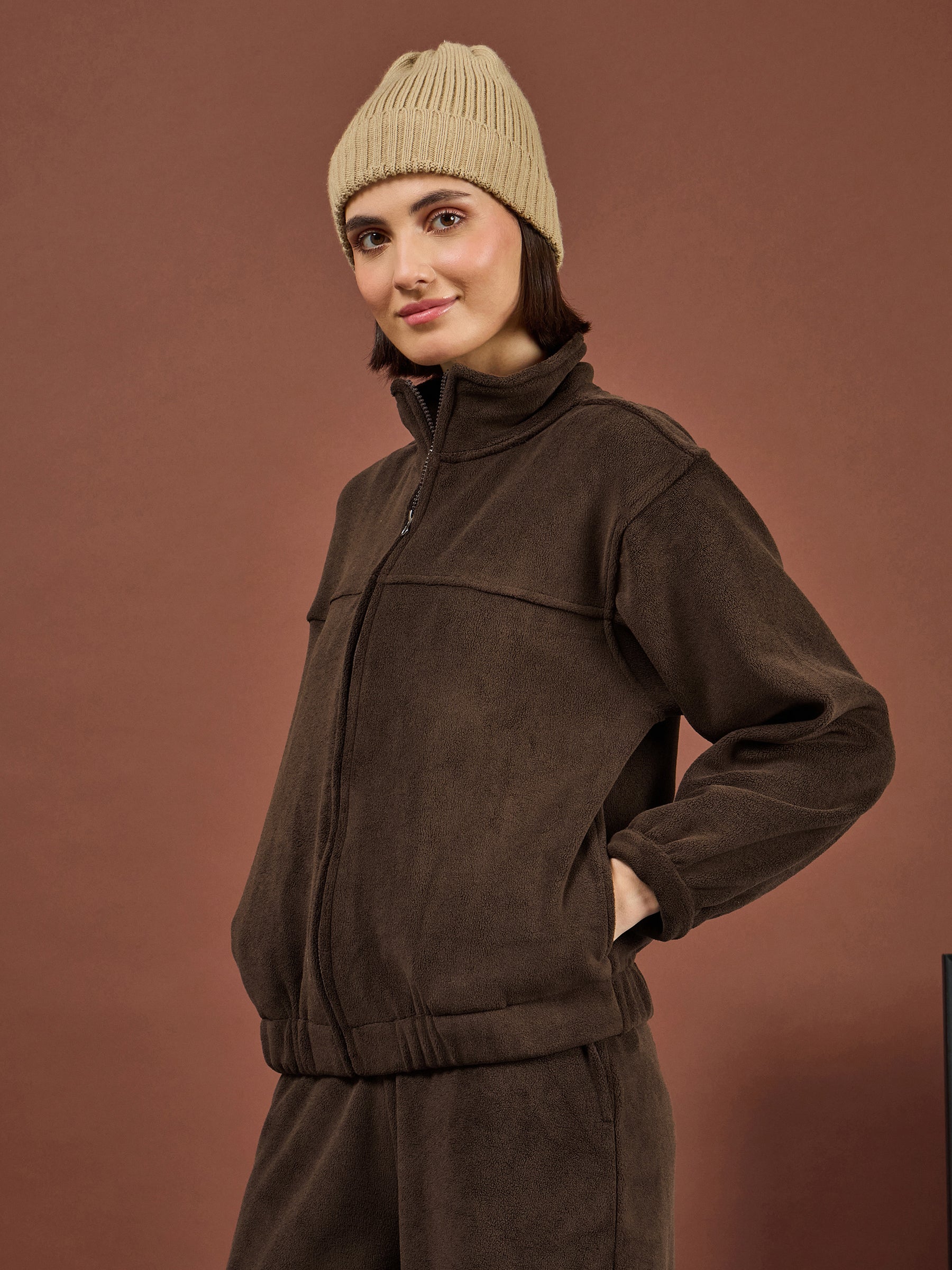 Brown Polar Fleece High Neck Jacket-SASSAFRAS