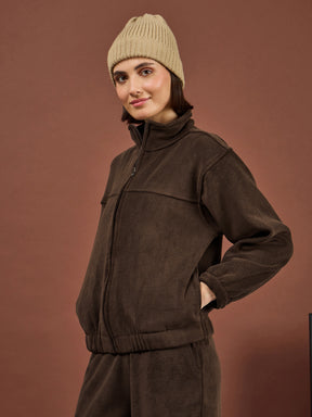 Brown Polar Fleece High Neck Jacket-SASSAFRAS