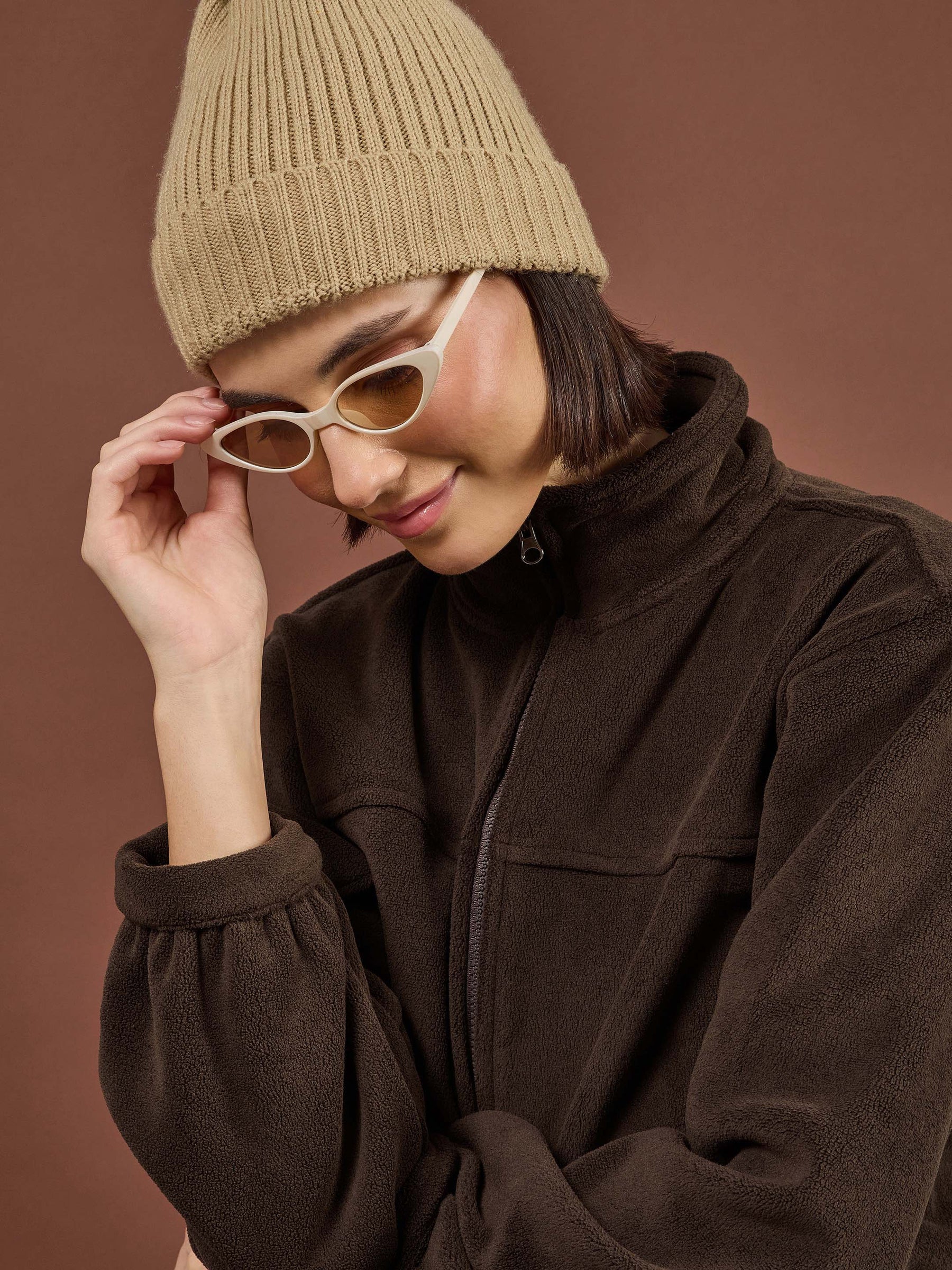 Brown Polar Fleece High Neck Jacket-SASSAFRAS