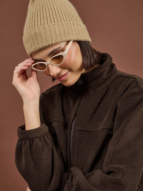 Brown Polar Fleece High Neck Jacket-SASSAFRAS