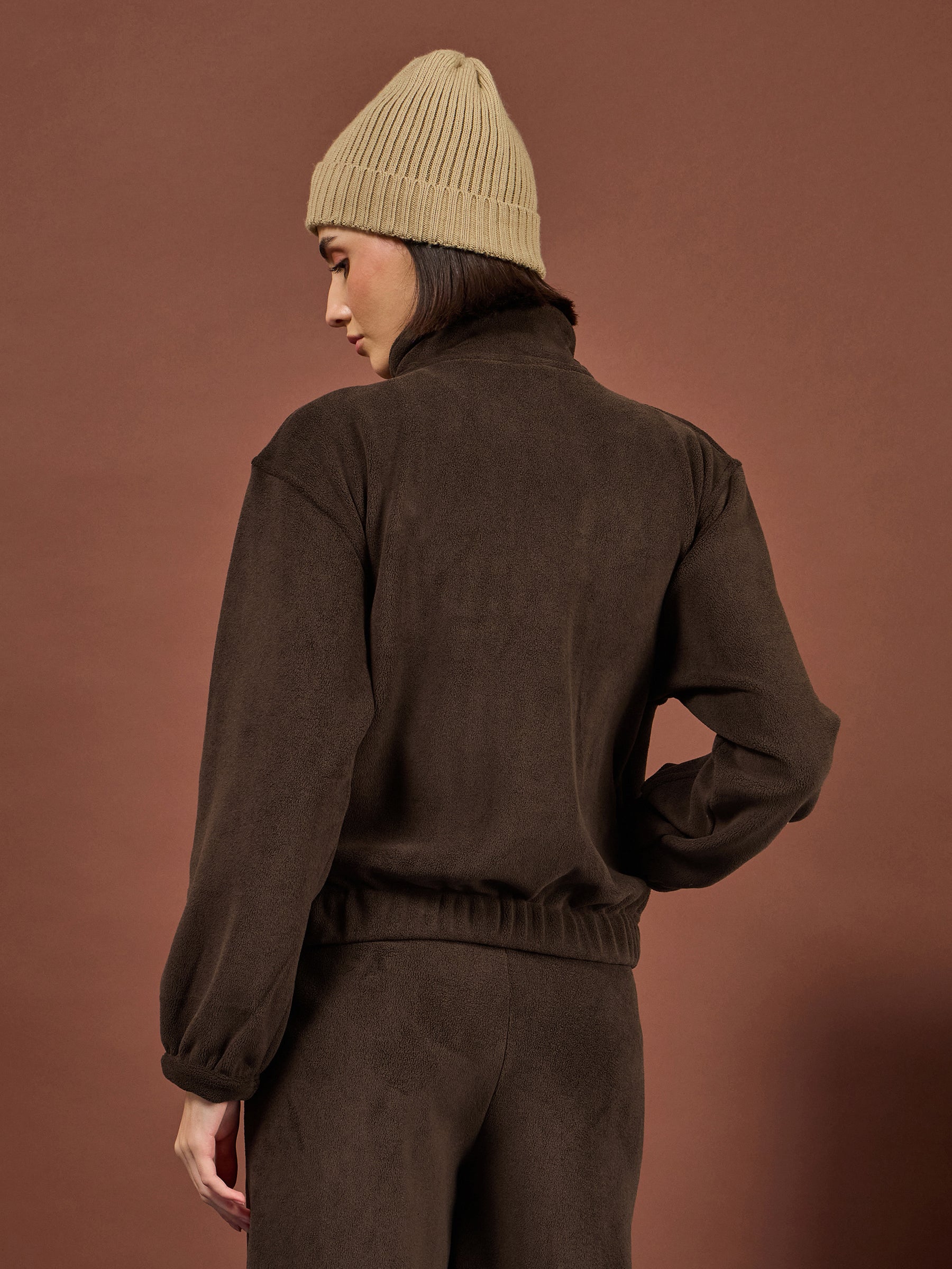 Brown Polar Fleece High Neck Jacket-SASSAFRAS