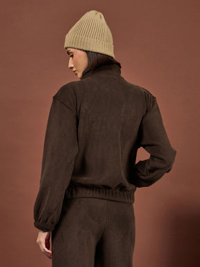 Brown Polar Fleece High Neck Jacket-SASSAFRAS