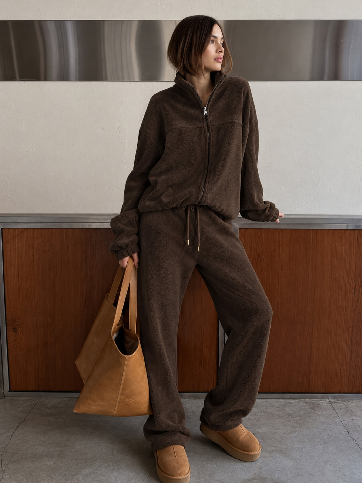 Brown Polar Fleece High Neck Jacket With Track Pants-SASSAFRAS