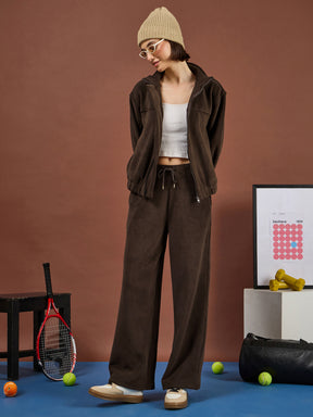 Brown Polar Fleece High Neck Jacket With Track Pants-SASSAFRAS