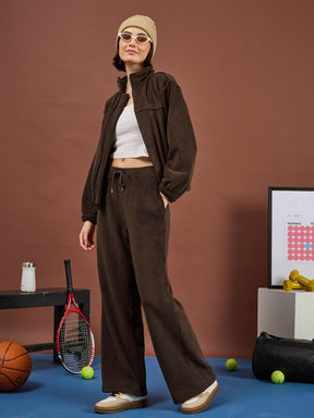 Brown Polar Fleece High Neck Jacket With Track Pants-SASSAFRAS