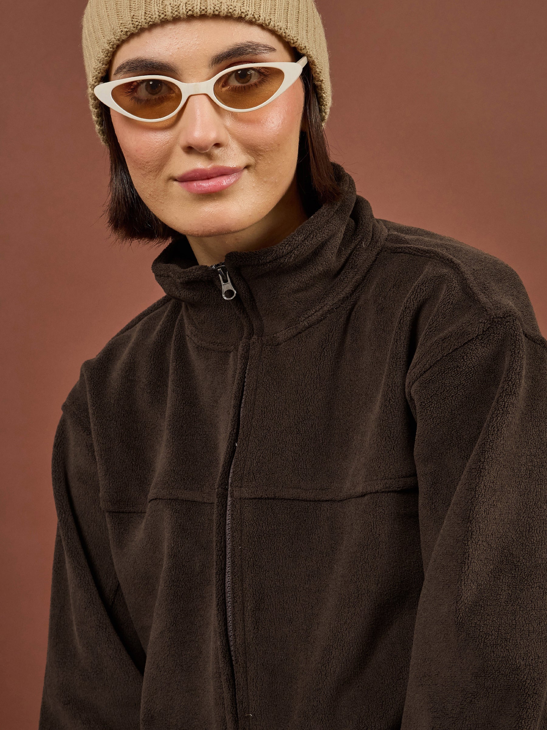 Brown Polar Fleece High Neck Jacket With Track Pants-SASSAFRAS
