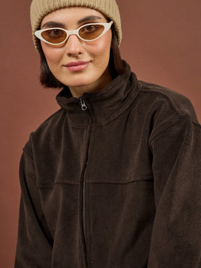 Brown Polar Fleece High Neck Jacket With Track Pants-SASSAFRAS