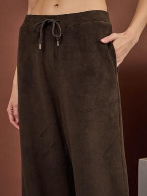 Brown Polar Fleece High Neck Jacket With Track Pants-SASSAFRAS