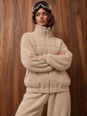 Light Beige Polar Fleece High Neck Jacket-SASSAFRAS