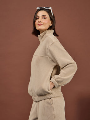 Light Beige Polar Fleece High Neck Jacket-SASSAFRAS