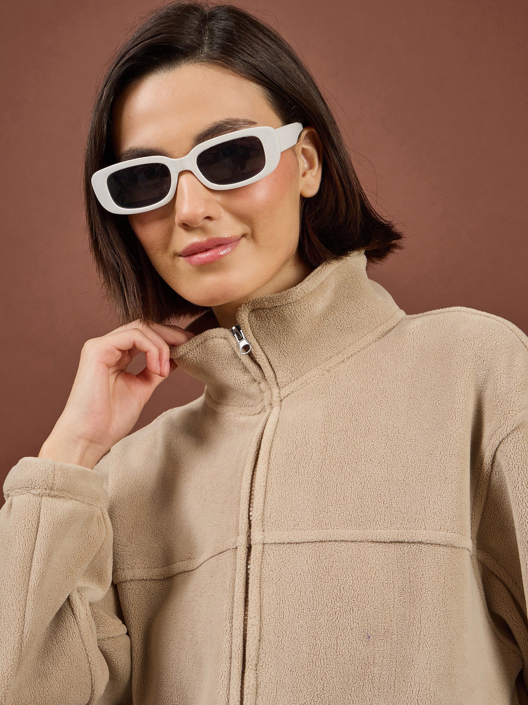 Light Beige Polar Fleece High Neck Jacket-SASSAFRAS