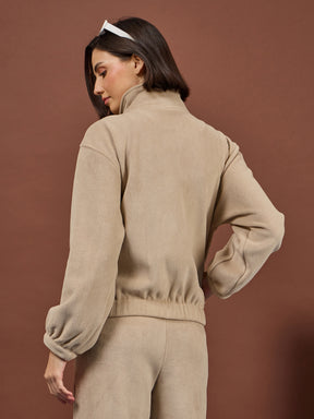 Light Beige Polar Fleece High Neck Jacket-SASSAFRAS