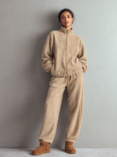 Light Beige Polar Fleece High Neck Jacket With Track Pants-SASSAFRAS