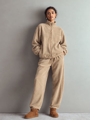 Light Beige Polar Fleece High Neck Jacket With Track Pants-SASSAFRAS