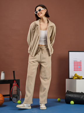 Light Beige Polar Fleece High Neck Jacket With Track Pants-SASSAFRAS
