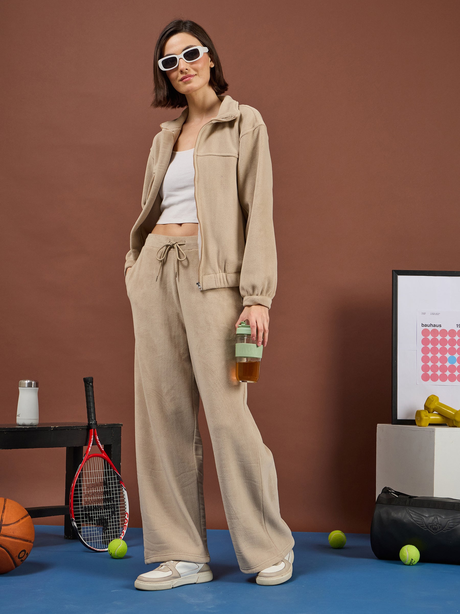 Light Beige Polar Fleece High Neck Jacket With Track Pants-SASSAFRAS
