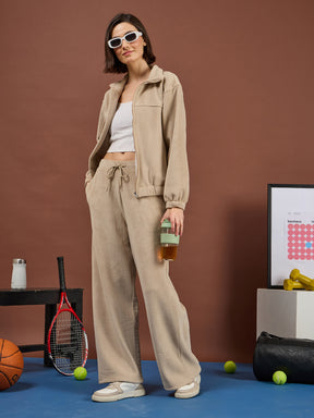 Light Beige Polar Fleece High Neck Jacket With Track Pants-SASSAFRAS
