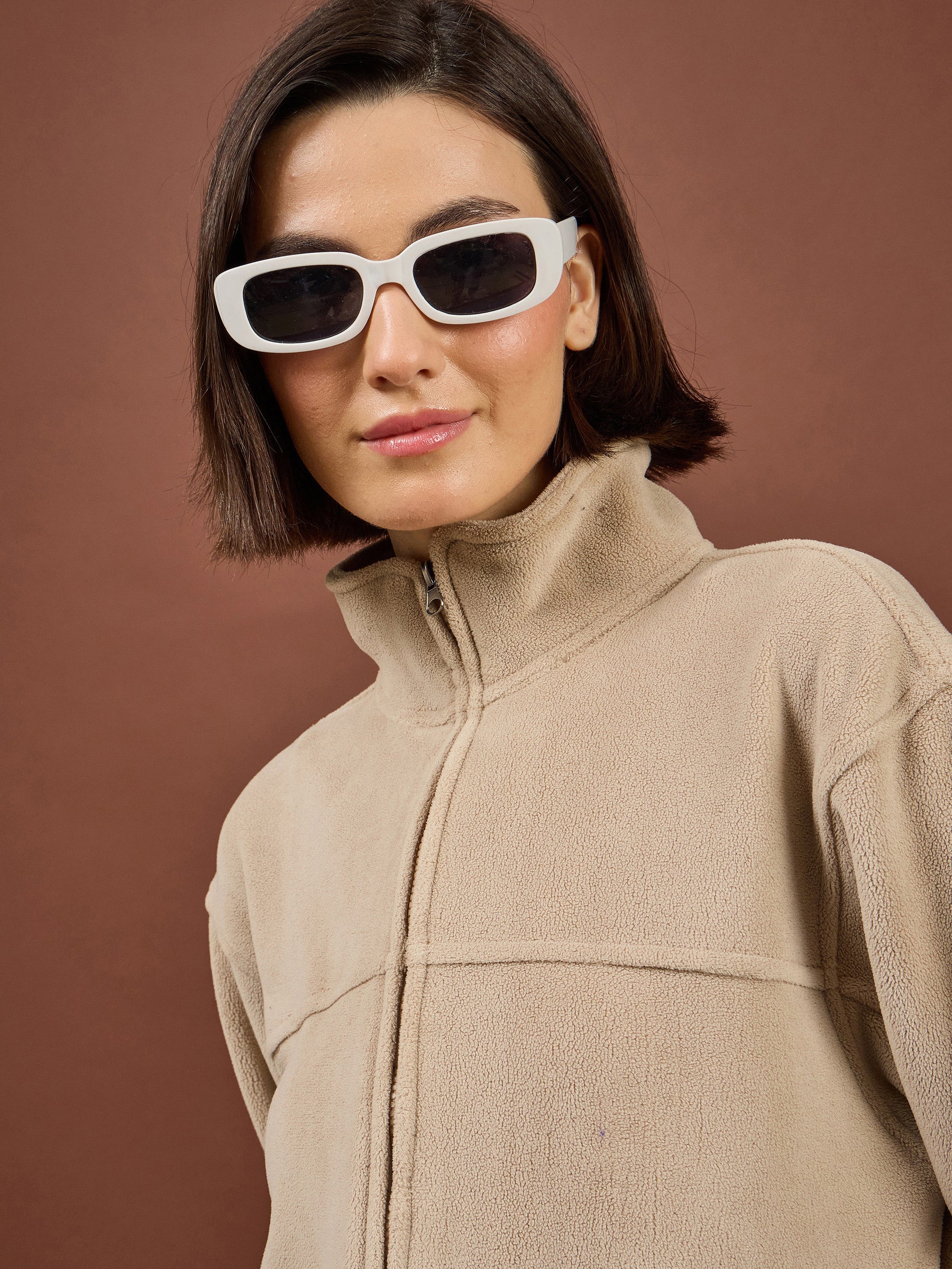 Light Beige Polar Fleece High Neck Jacket With Track Pants-SASSAFRAS