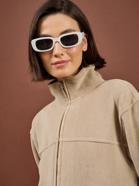 Light Beige Polar Fleece High Neck Jacket With Track Pants-SASSAFRAS