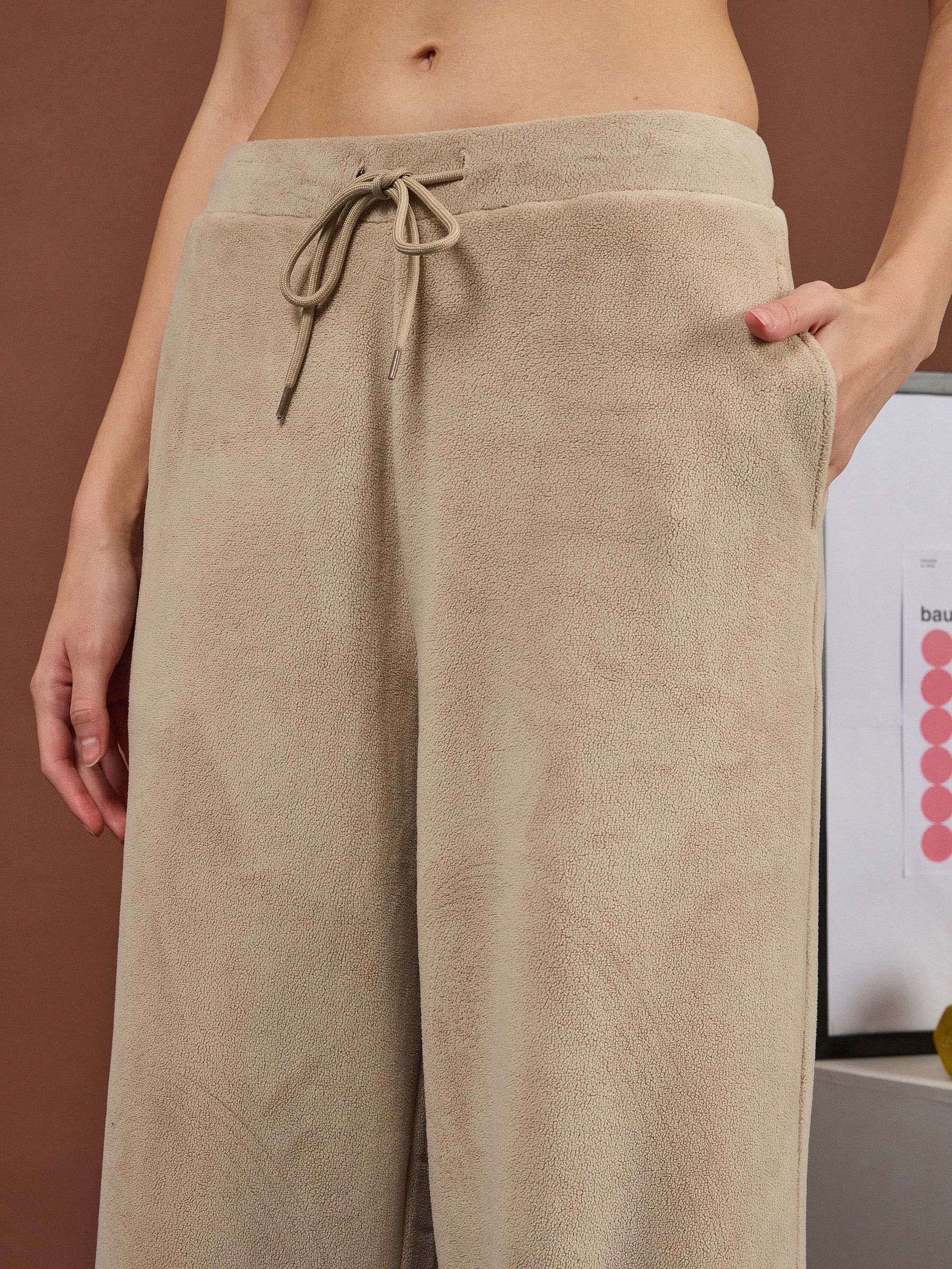 Light Beige Polar Fleece High Neck Jacket With Track Pants-SASSAFRAS