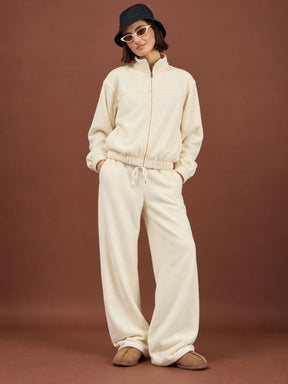 Off-White Polar Fleece High Neck Jacket With Track Pants-SASSAFRAS