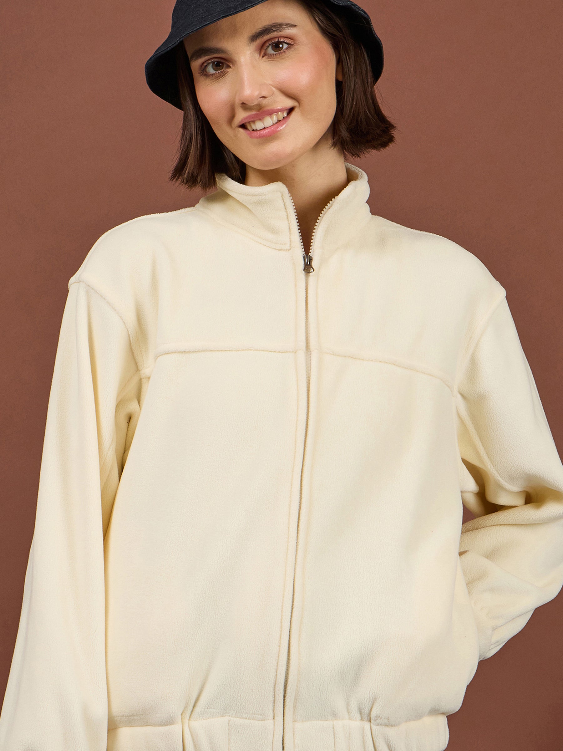 Off-White Polar Fleece High Neck Jacket With Track Pants-SASSAFRAS