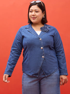 Navy Denim Notch Collar Blazer -SASSAFRAS Curve