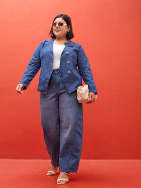 Navy Denim Notch Collar Blazer -SASSAFRAS Curve