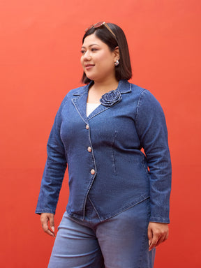 Navy Denim Notch Collar Blazer -SASSAFRAS Curve