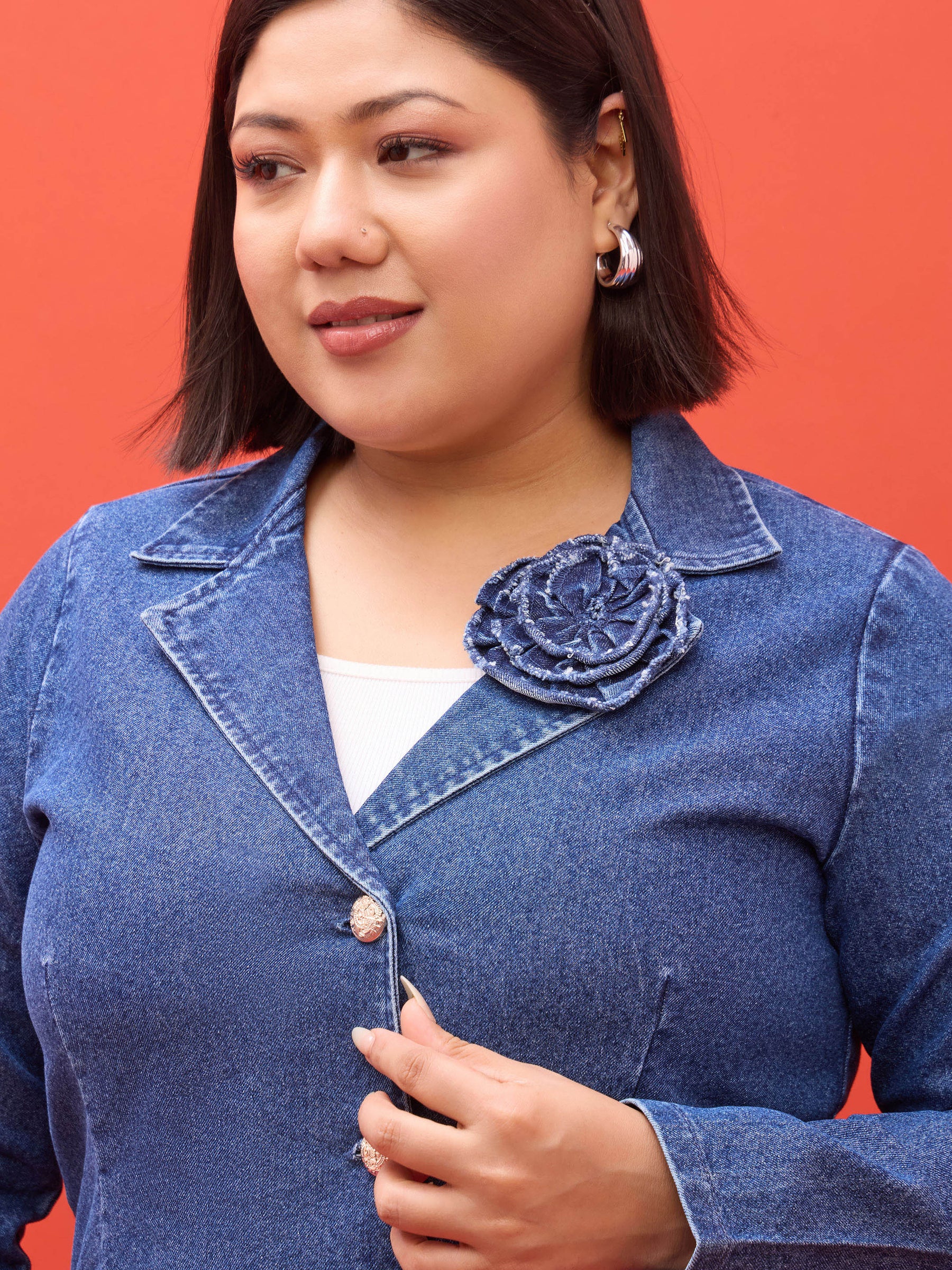 Navy Denim Notch Collar Blazer -SASSAFRAS Curve