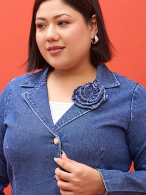 Navy Denim Notch Collar Blazer -SASSAFRAS Curve