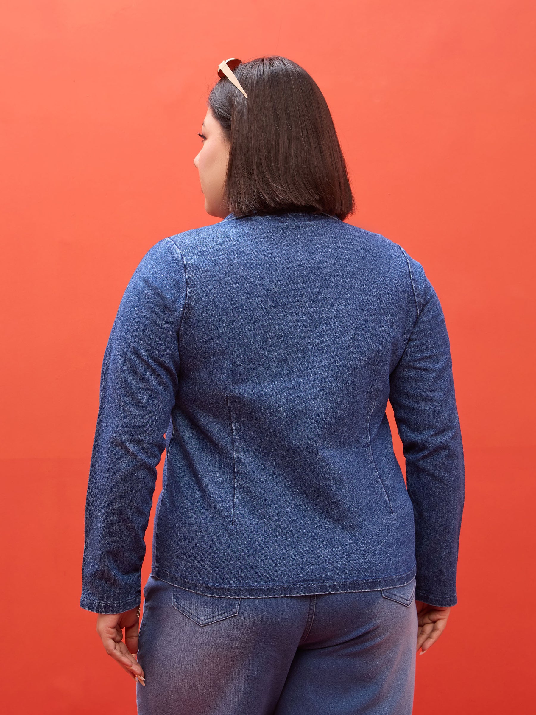 Navy Denim Notch Collar Blazer -SASSAFRAS Curve