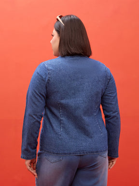 Navy Denim Notch Collar Blazer -SASSAFRAS Curve