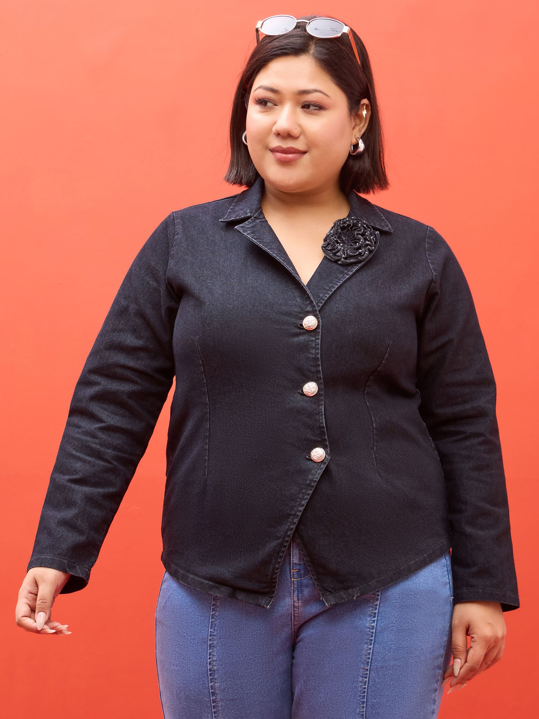 Black Denim Notch Collar Blazer -SASSAFRAS Curve
