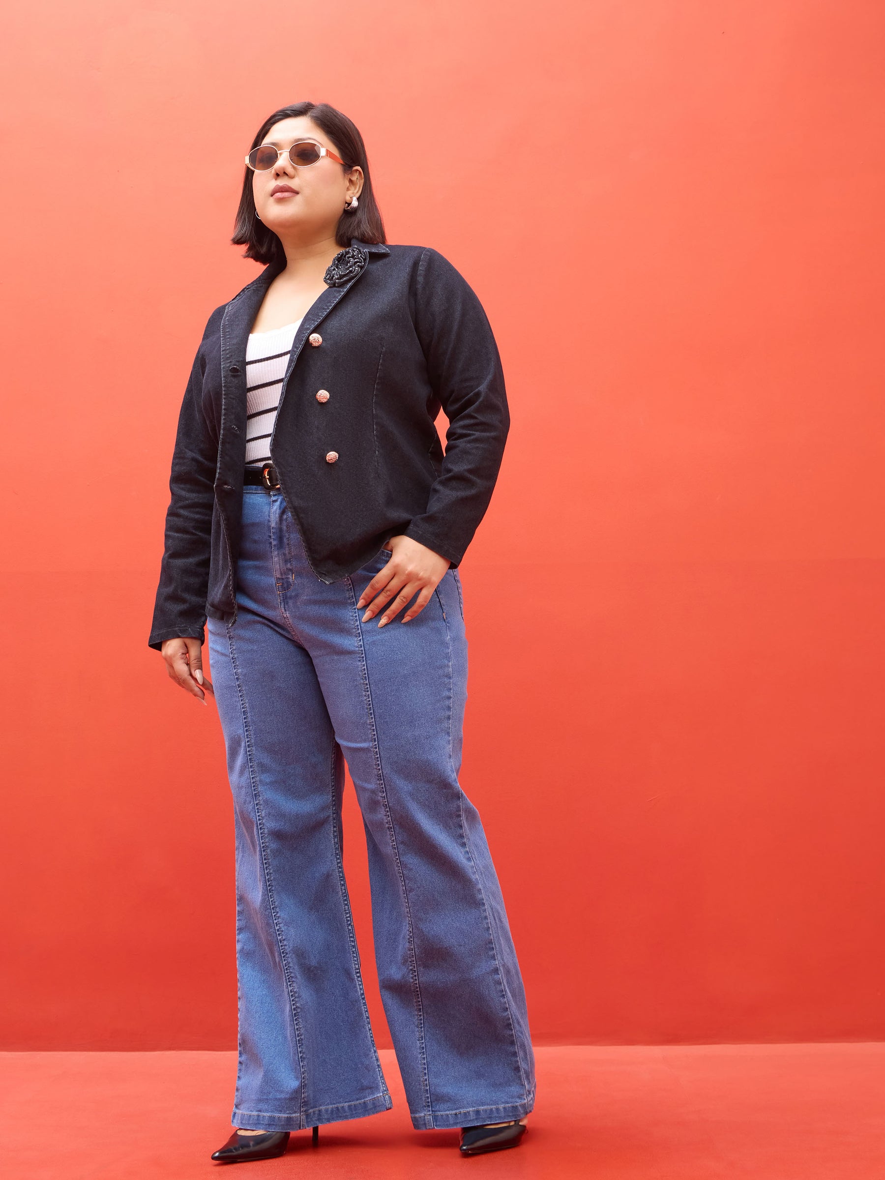 Black Denim Notch Collar Blazer -SASSAFRAS Curve