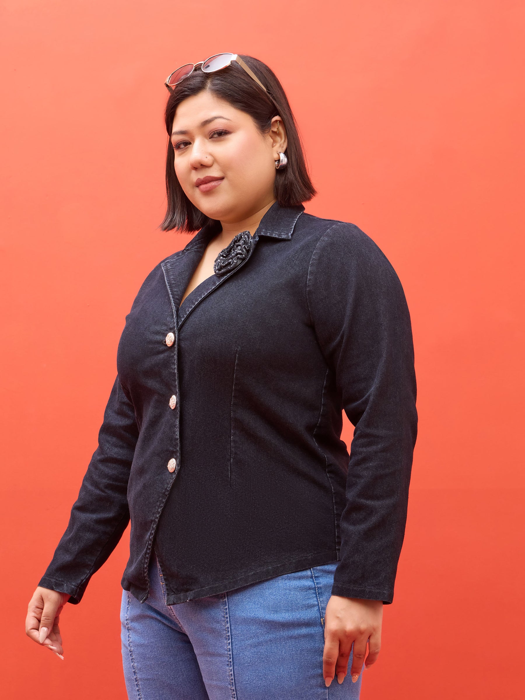 Black Denim Notch Collar Blazer -SASSAFRAS Curve