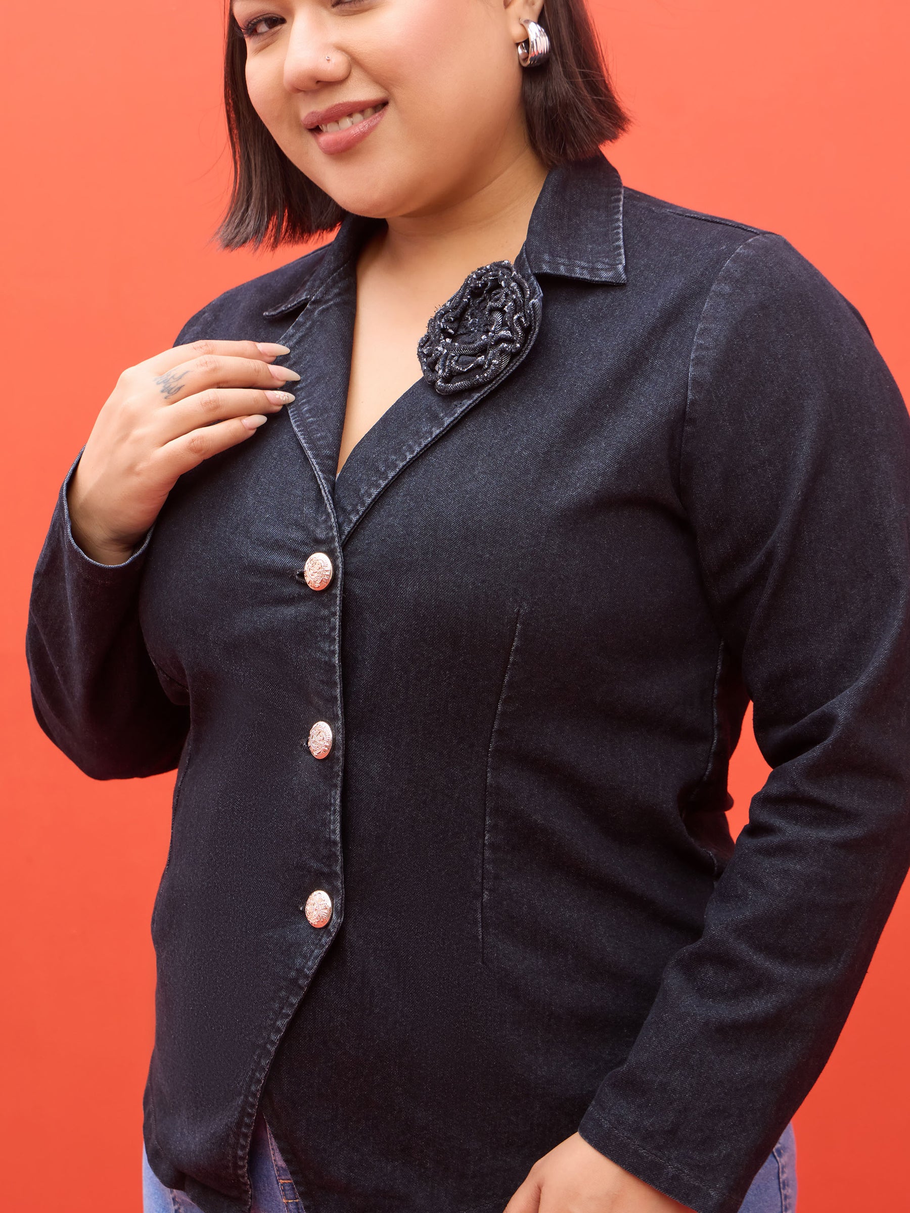 Black Denim Notch Collar Blazer -SASSAFRAS Curve