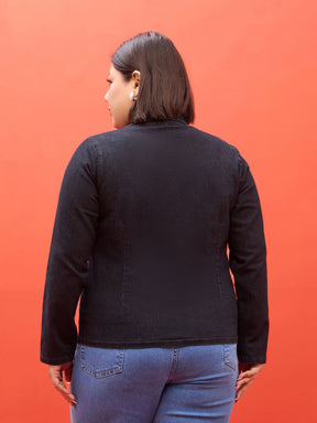 Black Denim Notch Collar Blazer -SASSAFRAS Curve