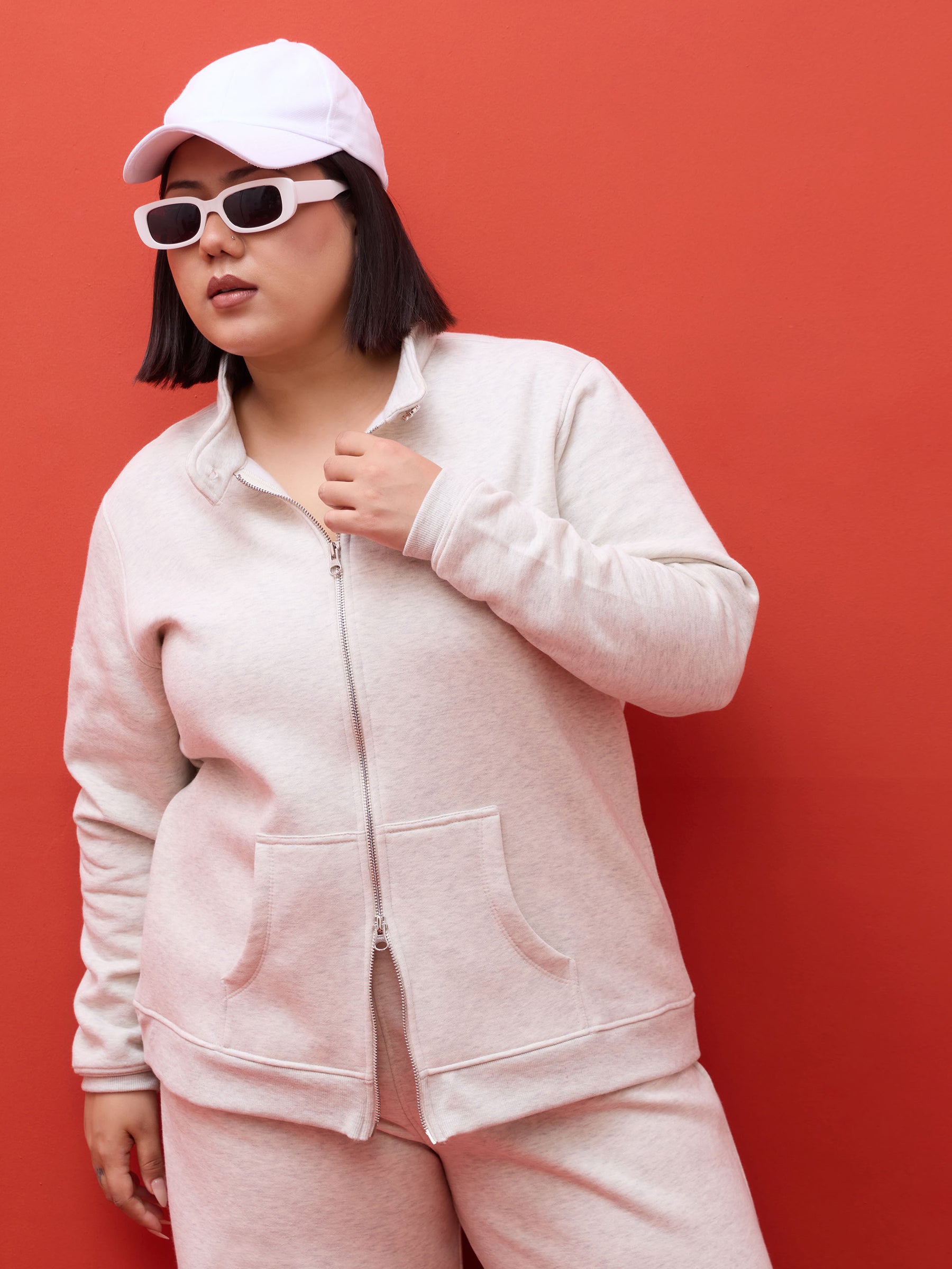 Off White Melange Fleece Double Sided Zipper Jacket-SASSAFRAS Curve