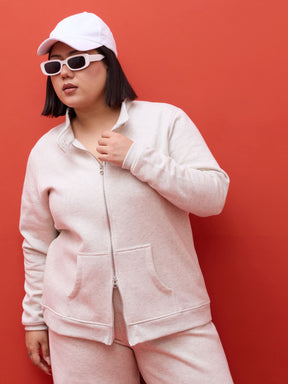 Off White Melange Fleece Double Sided Zipper Jacket-SASSAFRAS Curve