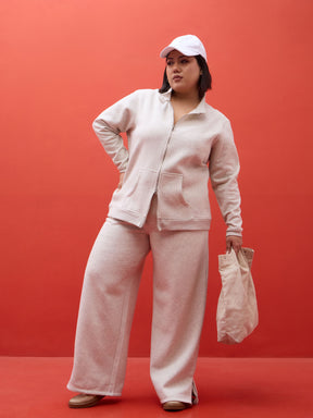 Off White Melange Fleece Double Sided Zipper Jacket-SASSAFRAS Curve