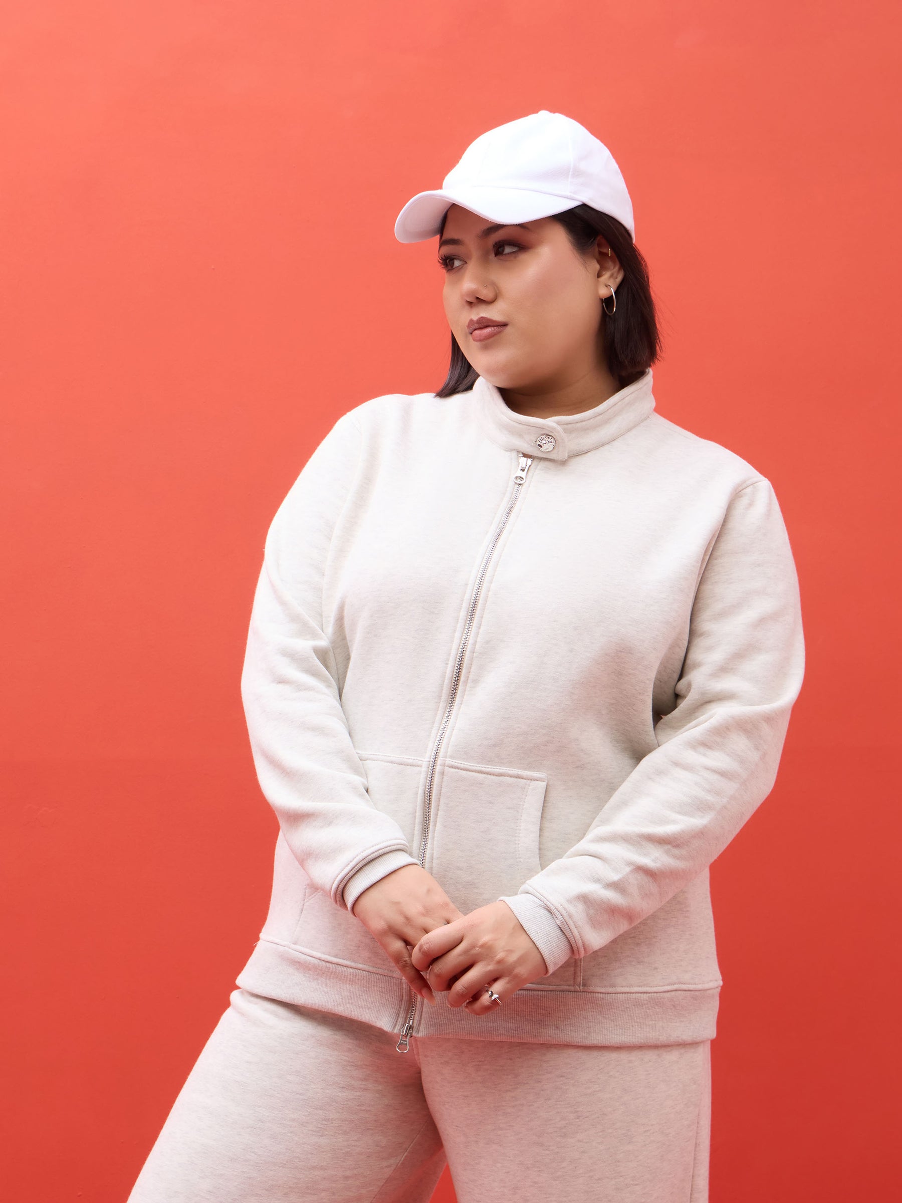 Off White Melange Fleece Double Sided Zipper Jacket-SASSAFRAS Curve