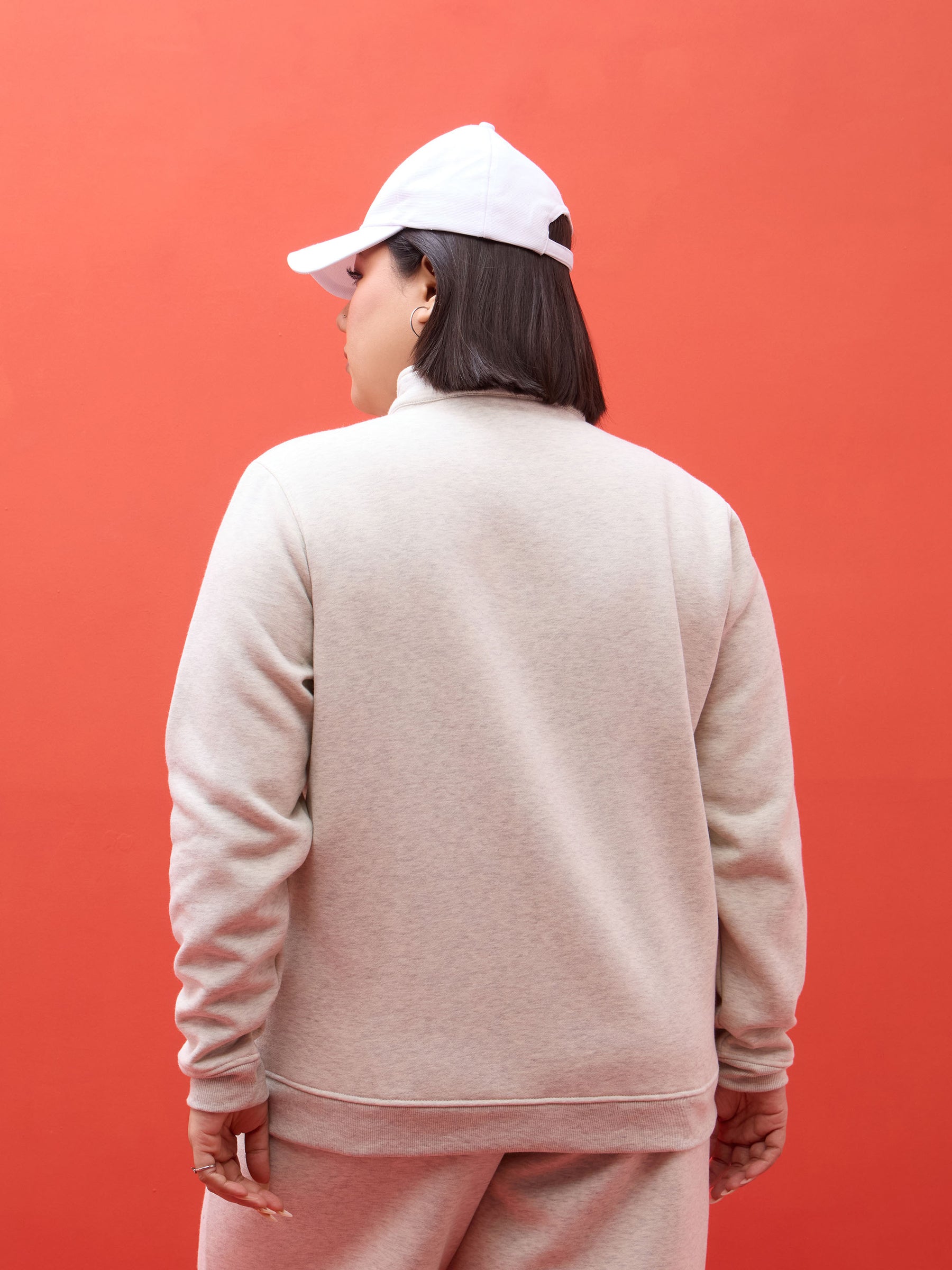 Off White Melange Fleece Double Sided Zipper Jacket-SASSAFRAS Curve