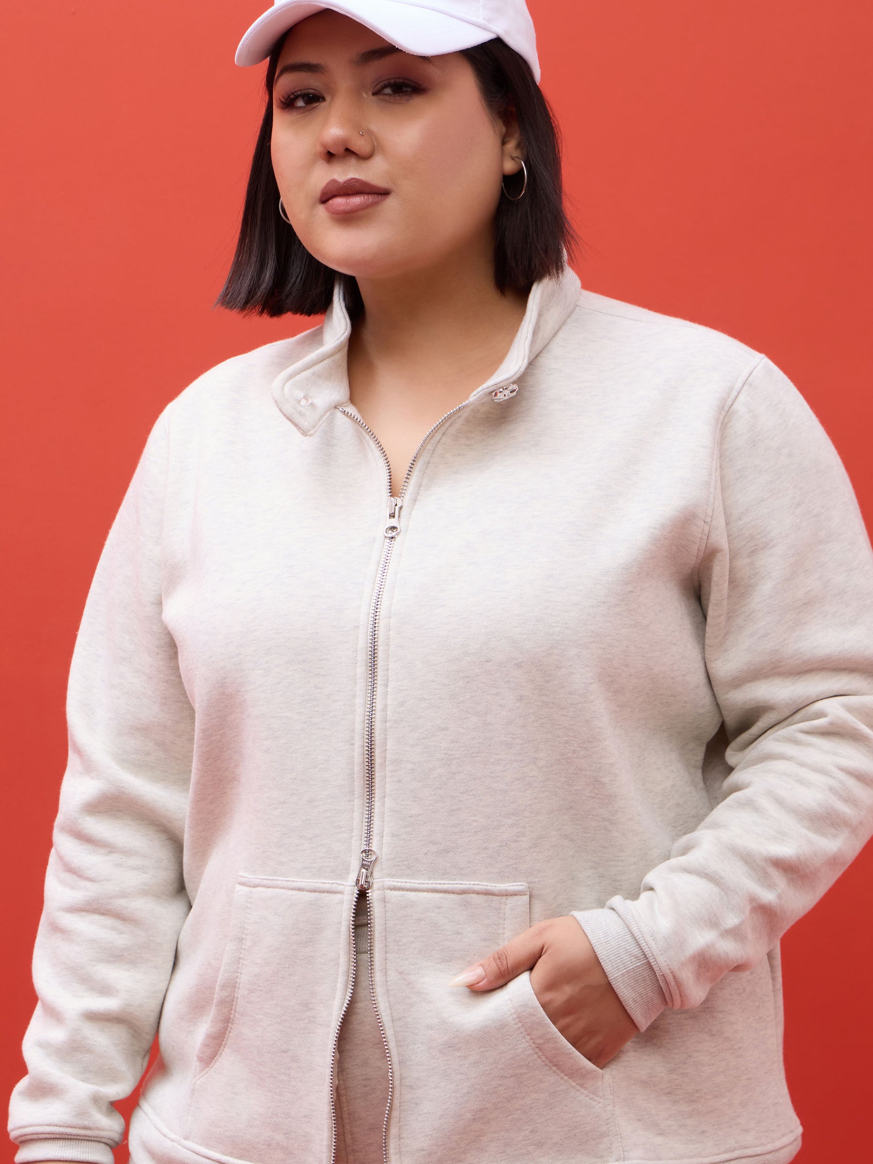 Off White Melange Zipper Jacket With Track Pants-SASSAFRAS Curve