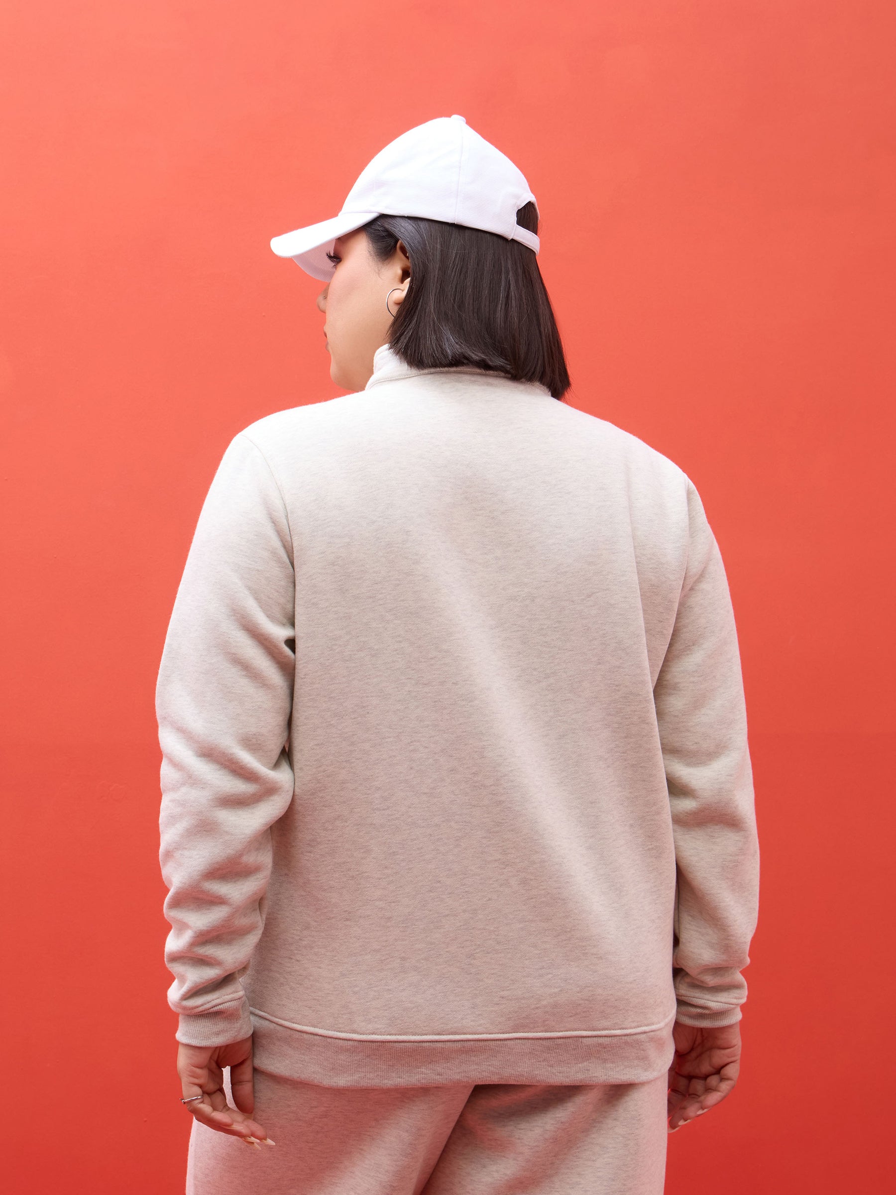 Off White Melange Zipper Jacket With Track Pants-SASSAFRAS Curve
