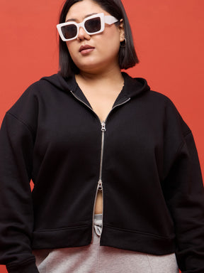 Black Fleece Double Sided Zipper Hoodie Jacket-SASSAFRAS Curve
